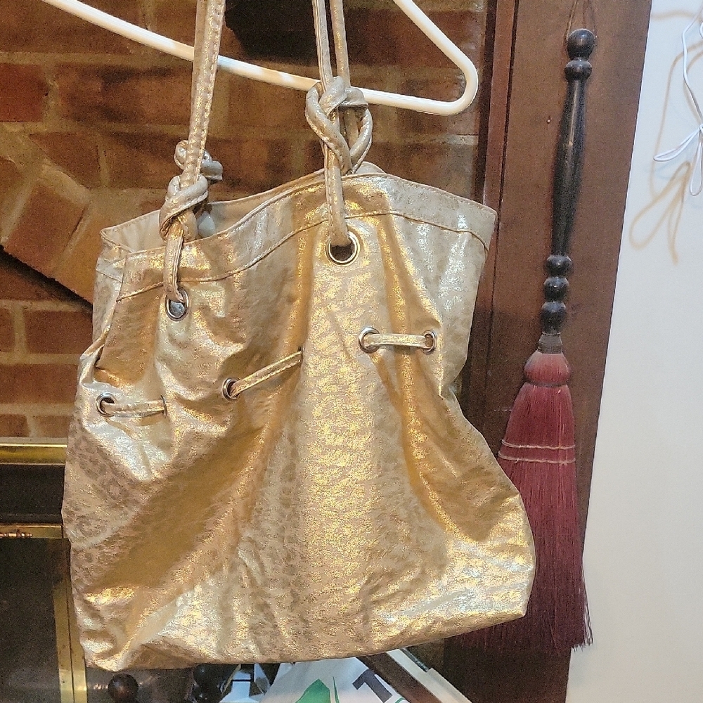 DSW Gold Tote Bag with Ruched Design and Long Handles